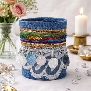 RUBYRUDI Cuff Bracelet Handcrafted OOAK Fabric Embellished Artisan Wearable Art